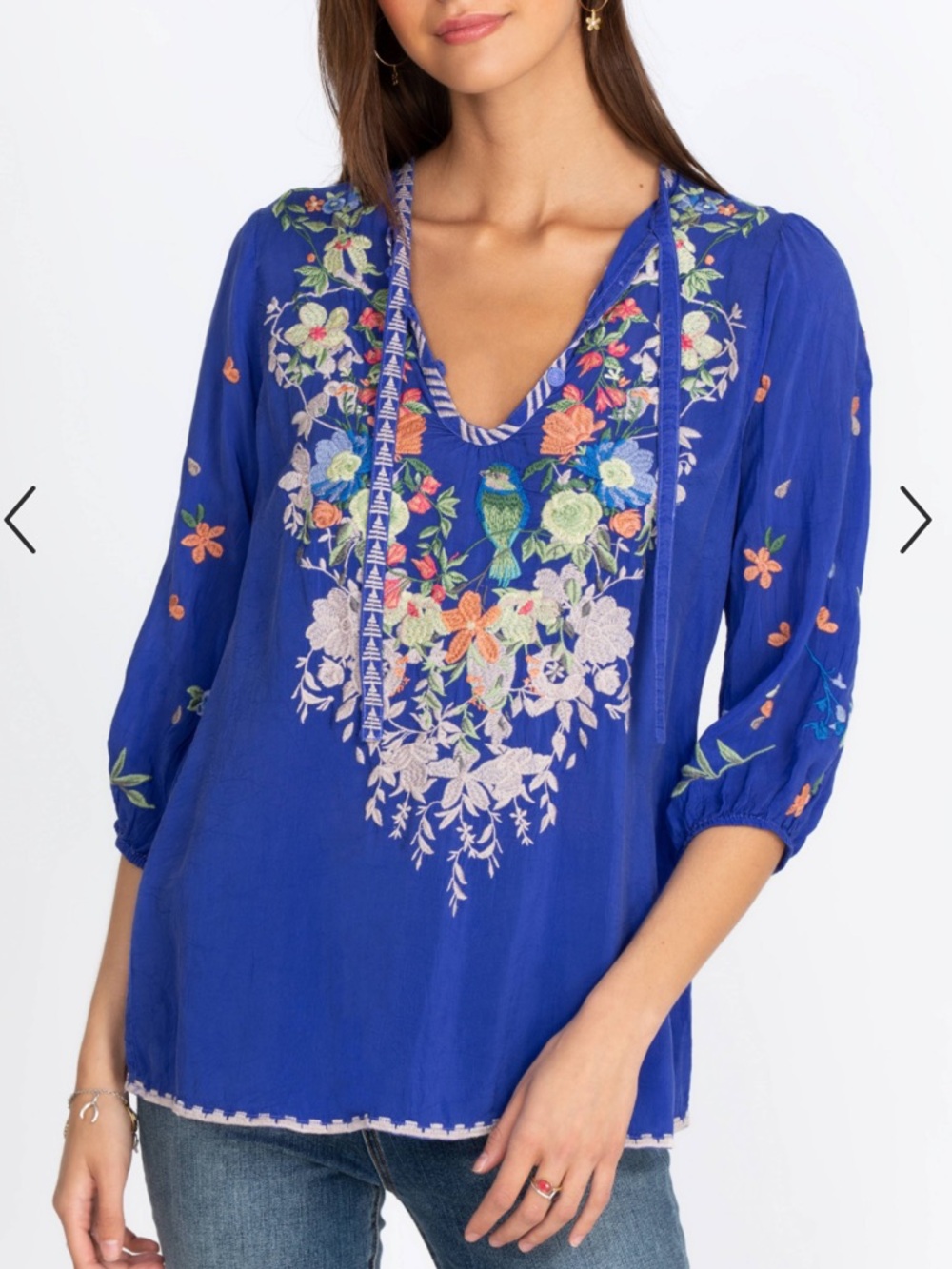 Johnny Was Taifa Embroidered Floral Blouse Royal Blue Boho Top Women’s XXL